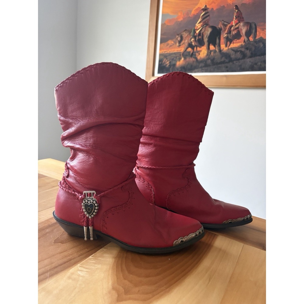 Vintage Zodiac Western Slouchy Cowgirl Boots Red Leather Heart Bolo 7.5 EUC
